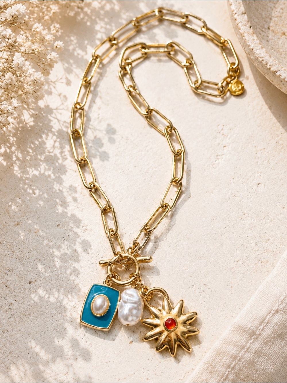 New mayamar Gold Chain Charm Necklace with Turquoise, Pearl & Sun Charm - Picture 2 of 5